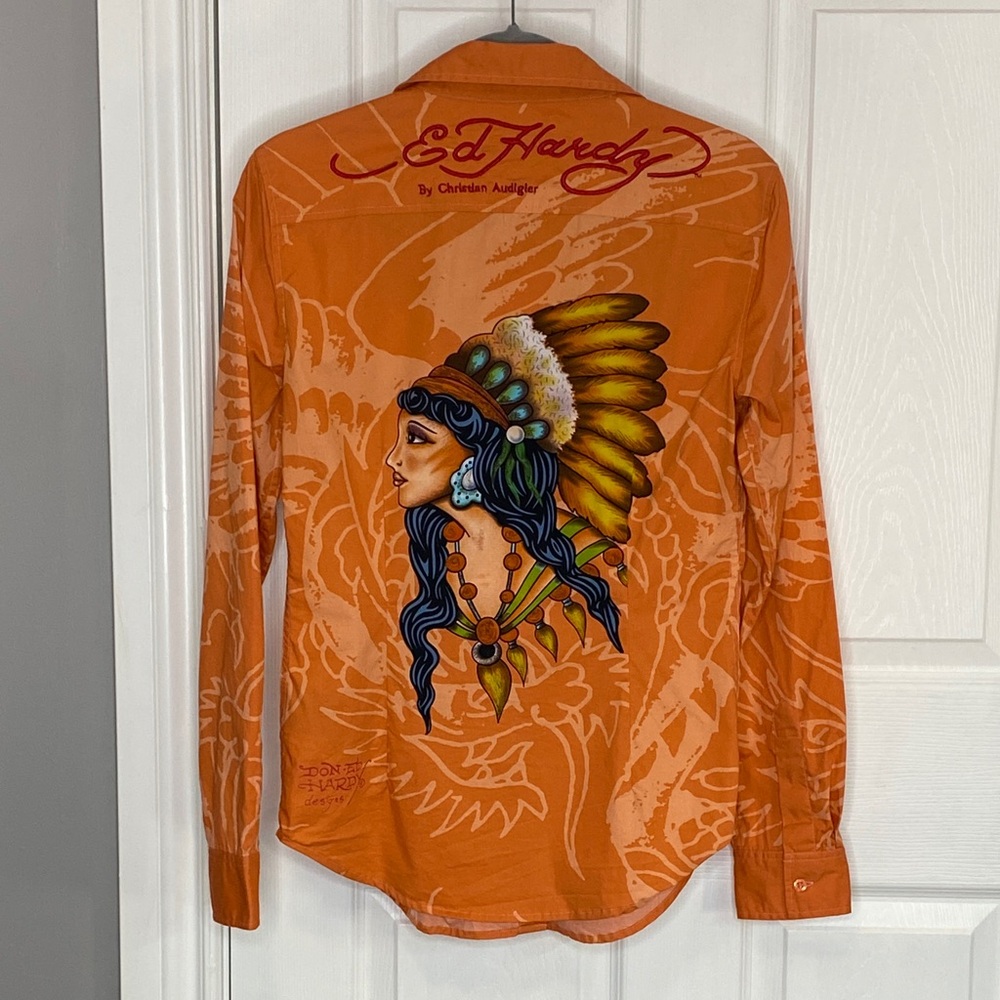 Ed Hardy Orange Tattoo Graphic Button Down Y2K Western Shirt L - Picture 9 of 16